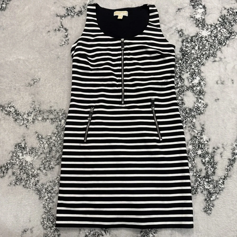 Michael Kors Striped Sleeveless Dress Black White Zip Pocket Sheath Women's M